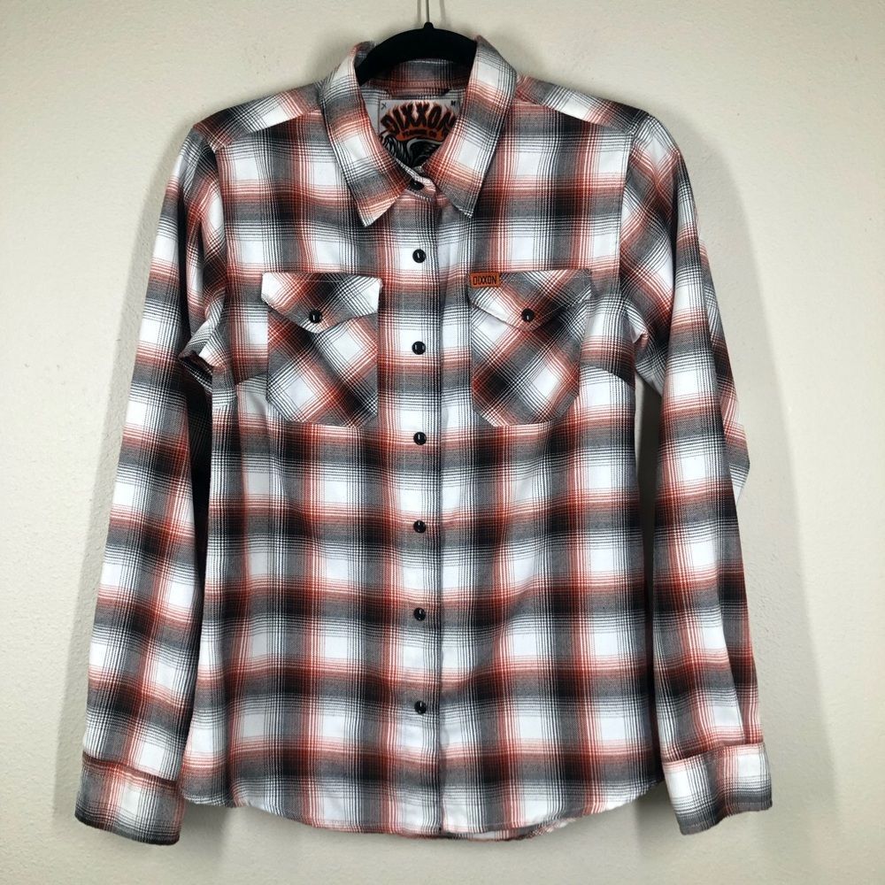 Dixxon Womens The Eagle Flannel Snap Front Long Sleeve Orange Black Plaid Medium